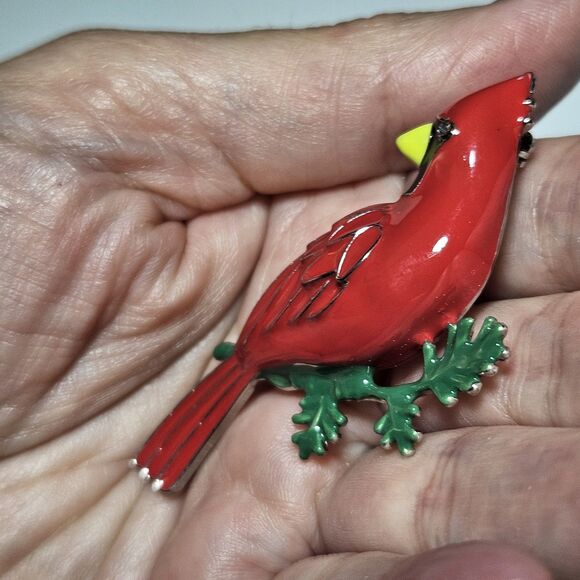 Silver Tone Cardinal Christmas Brooch Pin Red Green Enamel Clear Rhinestone Eye - Picture 2 of 10